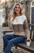 Color Block Ribbed Knit Boat Neck Sweater - Women's Long Sleeve Fall Pullover