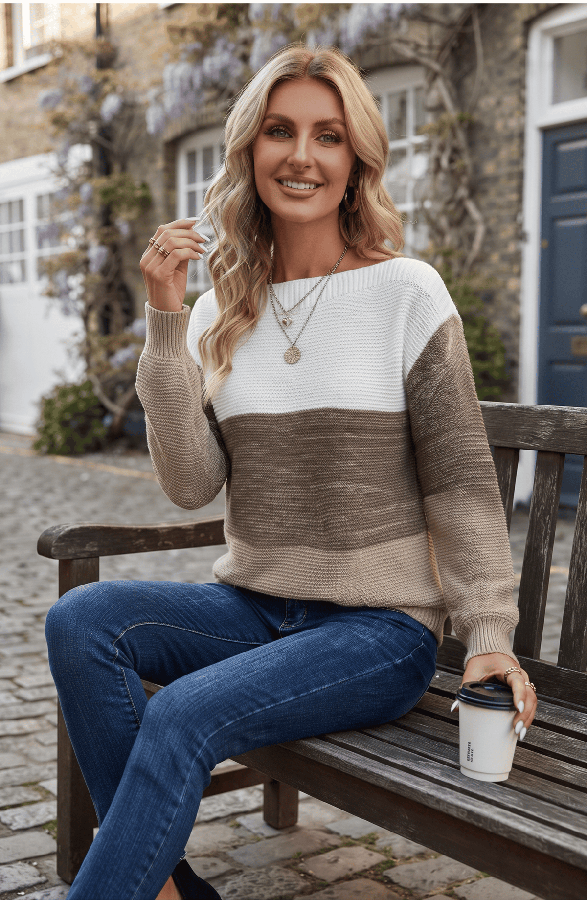 Color Block Ribbed Knit Boat Neck Sweater - Women's Long Sleeve Fall Pullover