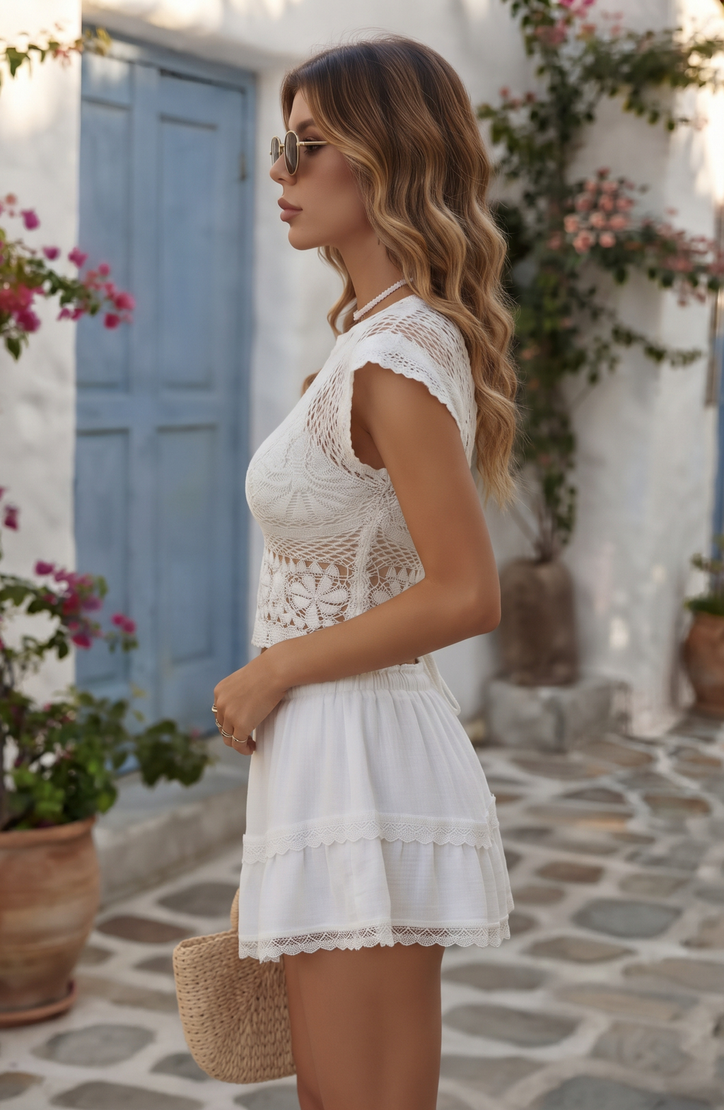 Boho Crochet Lace Tie-Front Crop Top - Women's Lace-Up Back Short Sleeve Top