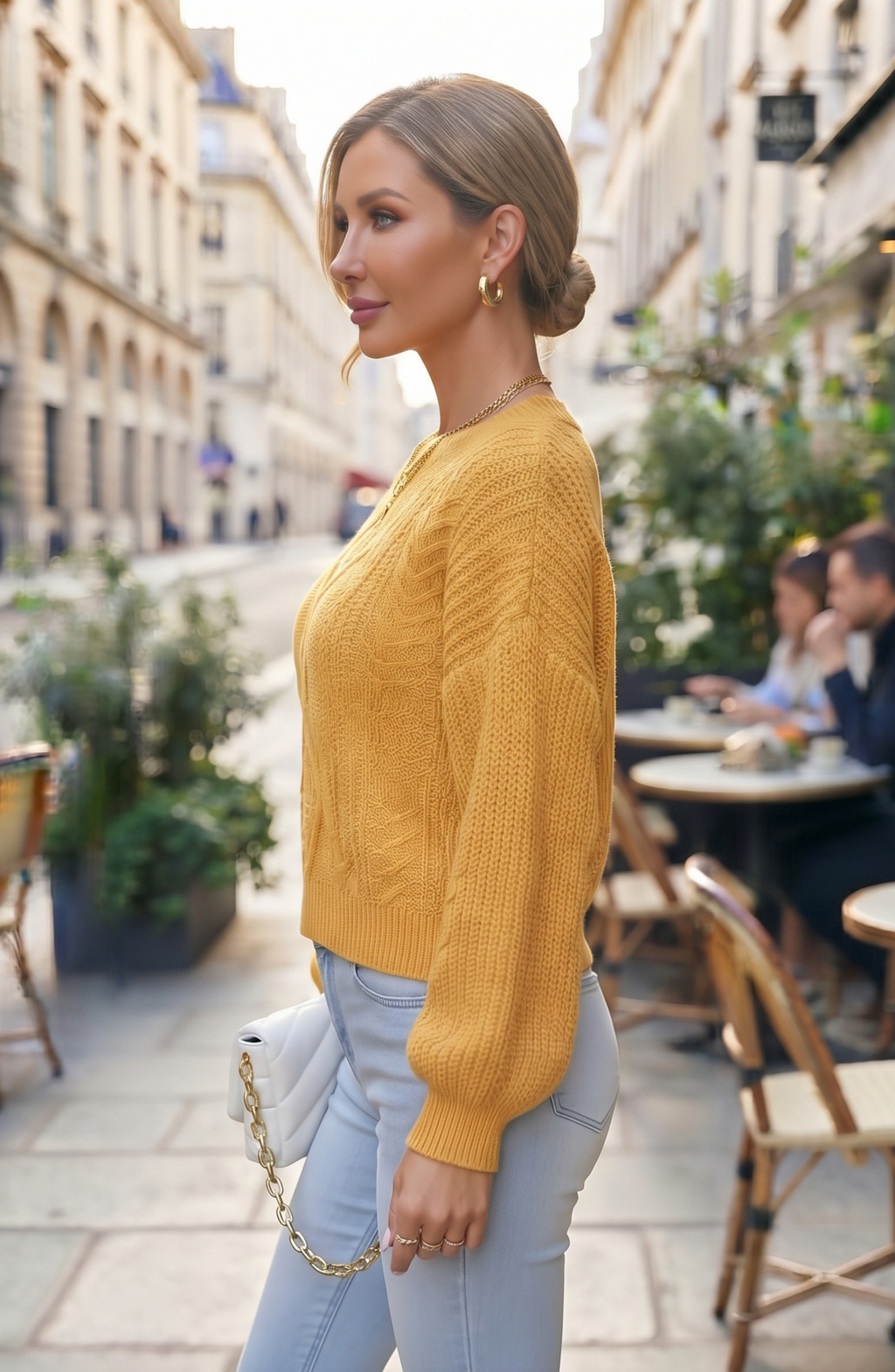 Diamond Pattern Knit Crewneck Sweater - Women's Lantern Sleeve Fall Pullover
