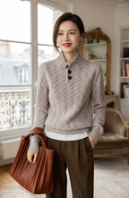 Button Placket Cable Knit Mock Neck Sweater - Women's Long Sleeve Fall Pullover