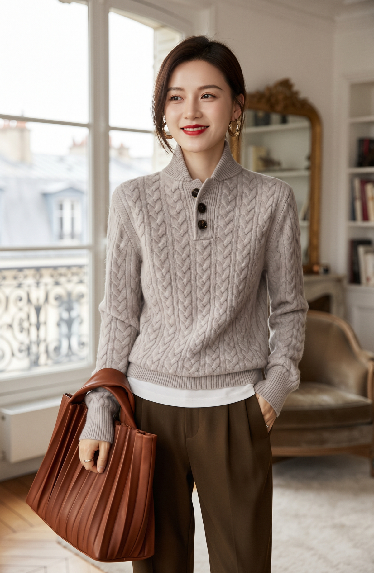 Button Placket Cable Knit Mock Neck Sweater - Women's Long Sleeve Fall Pullover