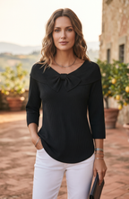 Bow Accent Portrait Collar Knit Top - Women's 3/4 Sleeve Ribbed Pullover