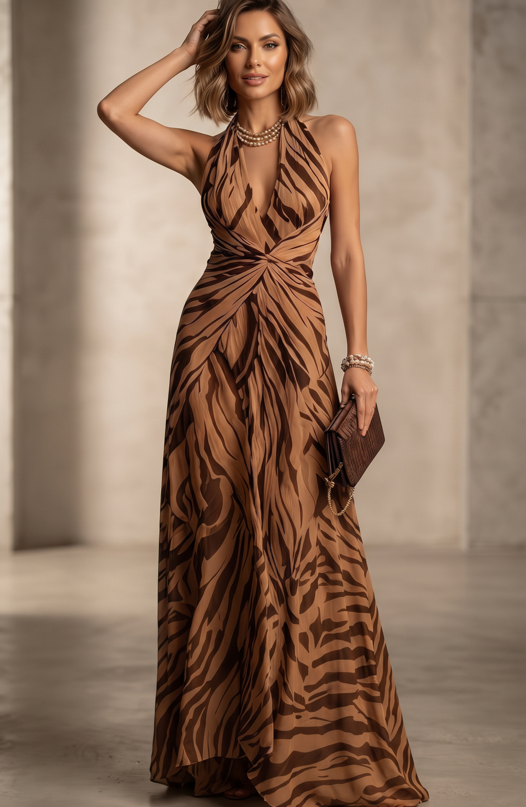 Plunging Halter Neck Printed Maxi Dress - Women's Twist Waist Resort Evening Gown