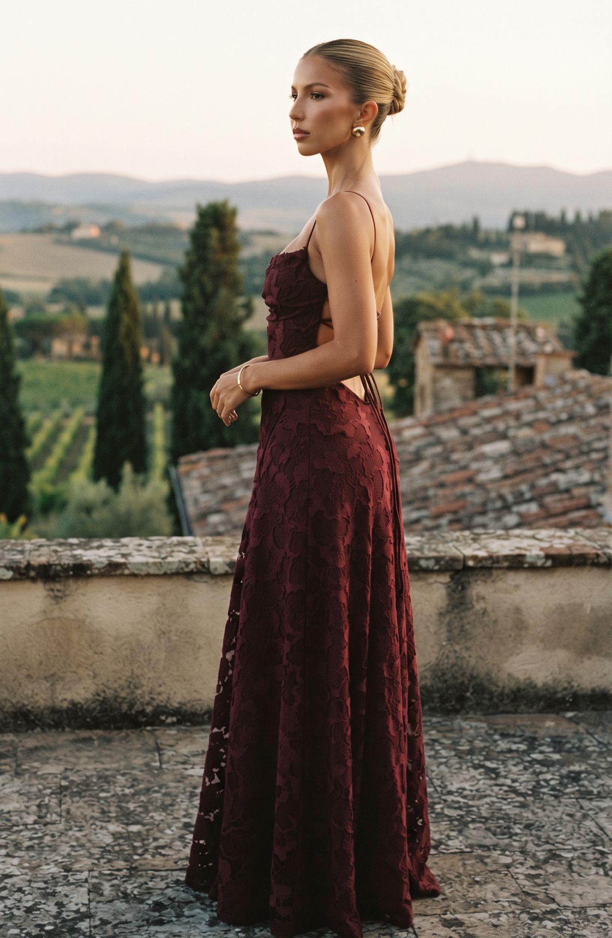 Floral Lace Spaghetti Strap Maxi Dress - Women's Cowl Neck Evening Gown