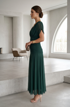 Ruched V-Neck Chiffon Midi Evening Dress - Women's Flutter Sleeve Formal Wedding Guest Gown