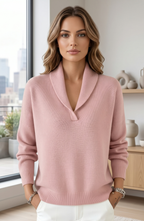 Shawl Collar V-Neck Knit Sweater - Women's Long Sleeve Elegant Pullover
