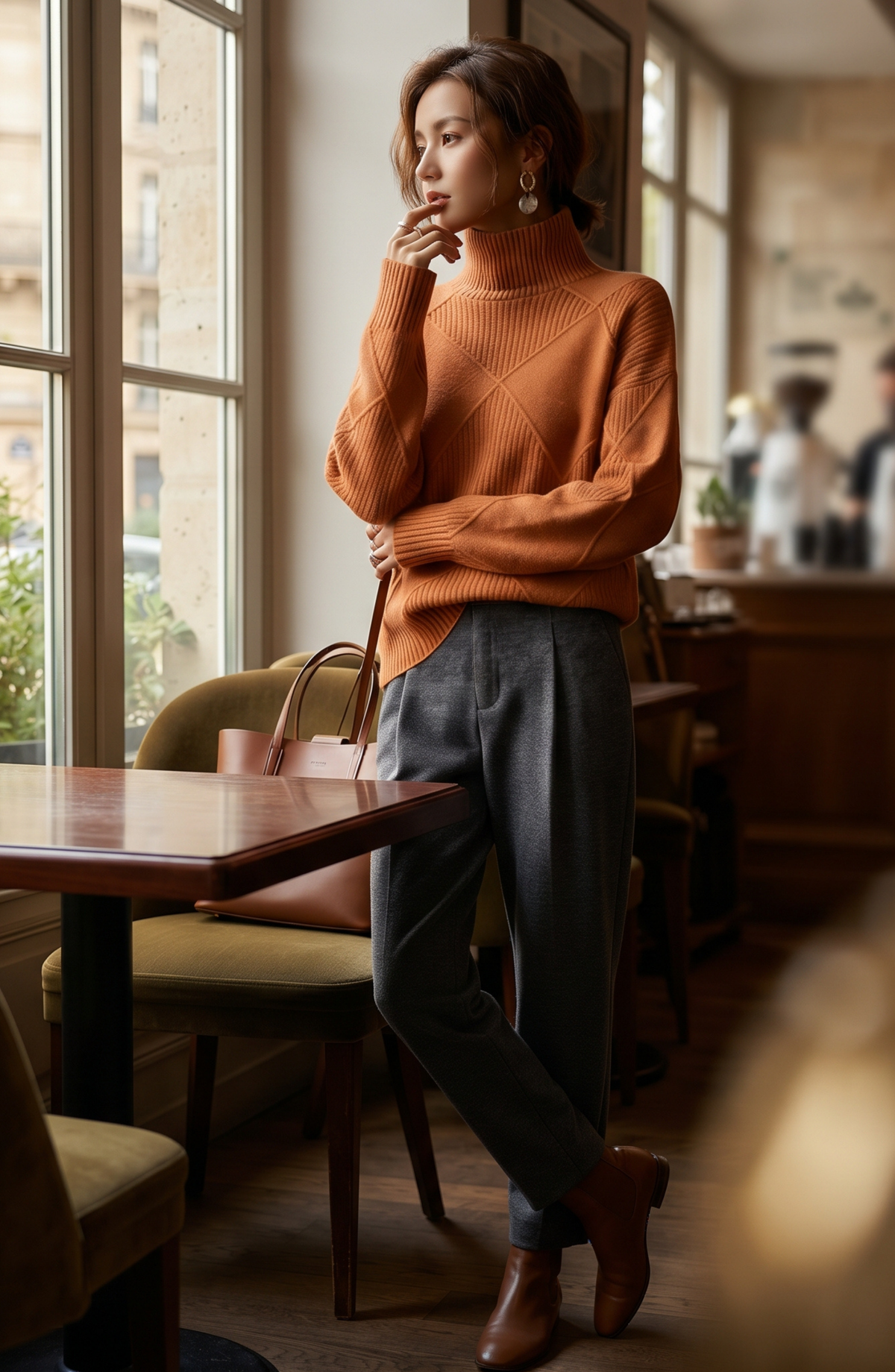 Diamond Geometric Ribbed Turtleneck Sweater - Women's Long Sleeve Fall Pullover