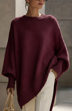 Oversized Batwing Knit Poncho Sweater - Women's Asymmetric Hem Crewneck Pullover