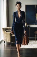 Lace Trim Velvet Midi Dress - Women's Long Sleeve Elegant Cocktail Party Dress