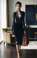 Lace Trim Velvet Midi Dress - Women's Long Sleeve Elegant Cocktail Party Dress