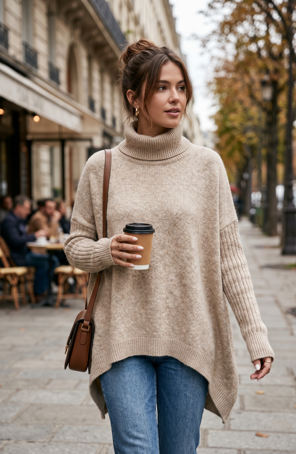 Oversized Turtleneck Asymmetric Hem Tunic Sweater - Women's Loose Knit Pullover