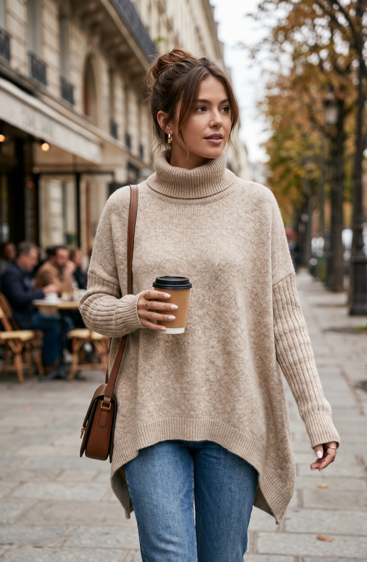 Oversized Turtleneck Asymmetric Hem Tunic Sweater - Women's Loose Knit Pullover