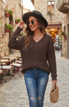 V-Neck Cable Knit Pullover Sweater - Women's Long Sleeve Pointelle Fall Top