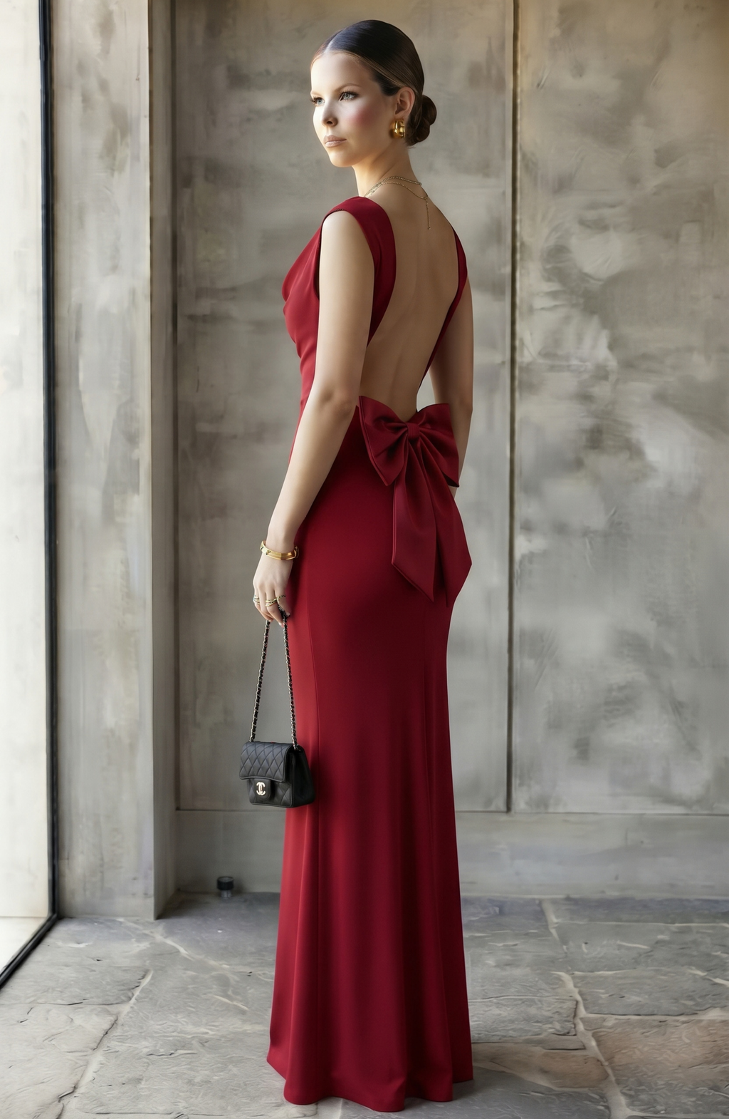 Cowl Neck Backless Maxi Evening Gown - Women's Open Back Bow Detail Formal Dress