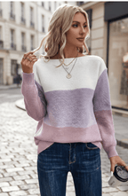 Color Block Ribbed Knit Boat Neck Sweater - Women's Long Sleeve Fall Pullover
