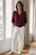Shawl Collar V-Neck Knit Pullover Sweater - Women's Long Sleeve Fall Jumper