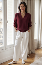Shawl Collar V-Neck Knit Pullover Sweater - Women's Long Sleeve Fall Jumper