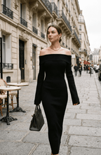 Off-the-Shoulder Long Sleeve Ribbed Knit Maxi Dress - Women's Fitted Sweater Dress