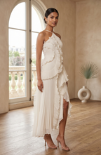 Pleated Halter Neck Ruffle Maxi Dress - Women's High-Low Wedding Guest Gown