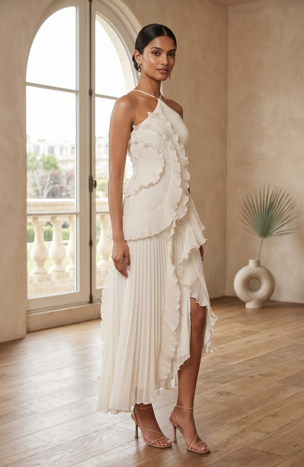 Pleated Halter Neck Ruffle Maxi Dress - Women's High-Low Wedding Guest Gown