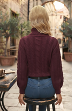 Turtleneck Cable Knit Pullover Sweater - Women's Long Sleeve Fall Jumper