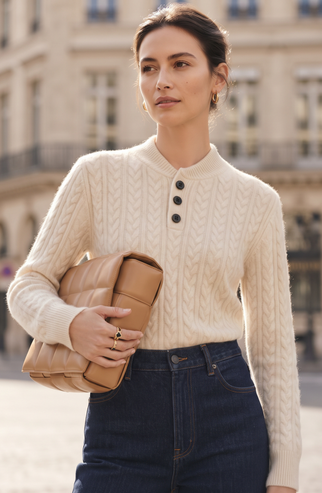 Button Placket Cable Knit Mock Neck Sweater - Women's Long Sleeve Fall Pullover