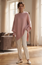 Oversized Batwing Knit Poncho Sweater - Women's Asymmetric Hem Crewneck Pullover