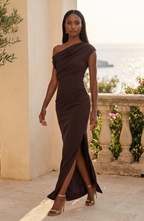 One-Shoulder Drape Maxi Dress with Slit - Women's Formal Evening Gown