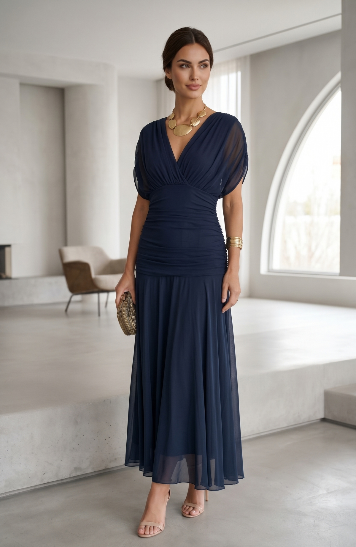 Ruched V-Neck Chiffon Midi Evening Dress - Women's Flutter Sleeve Formal Wedding Guest Gown