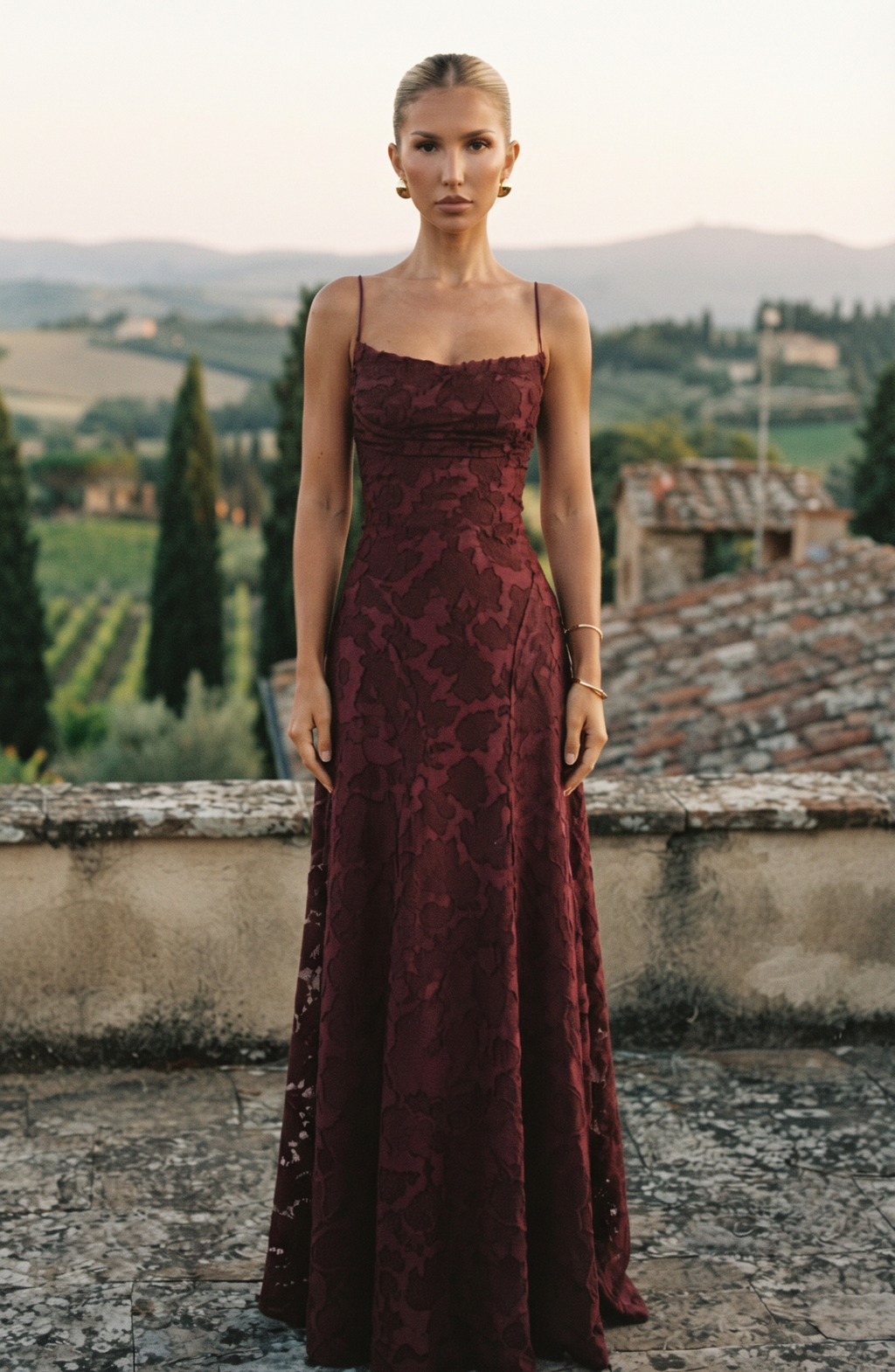 Floral Lace Spaghetti Strap Maxi Dress - Women's Cowl Neck Evening Gown