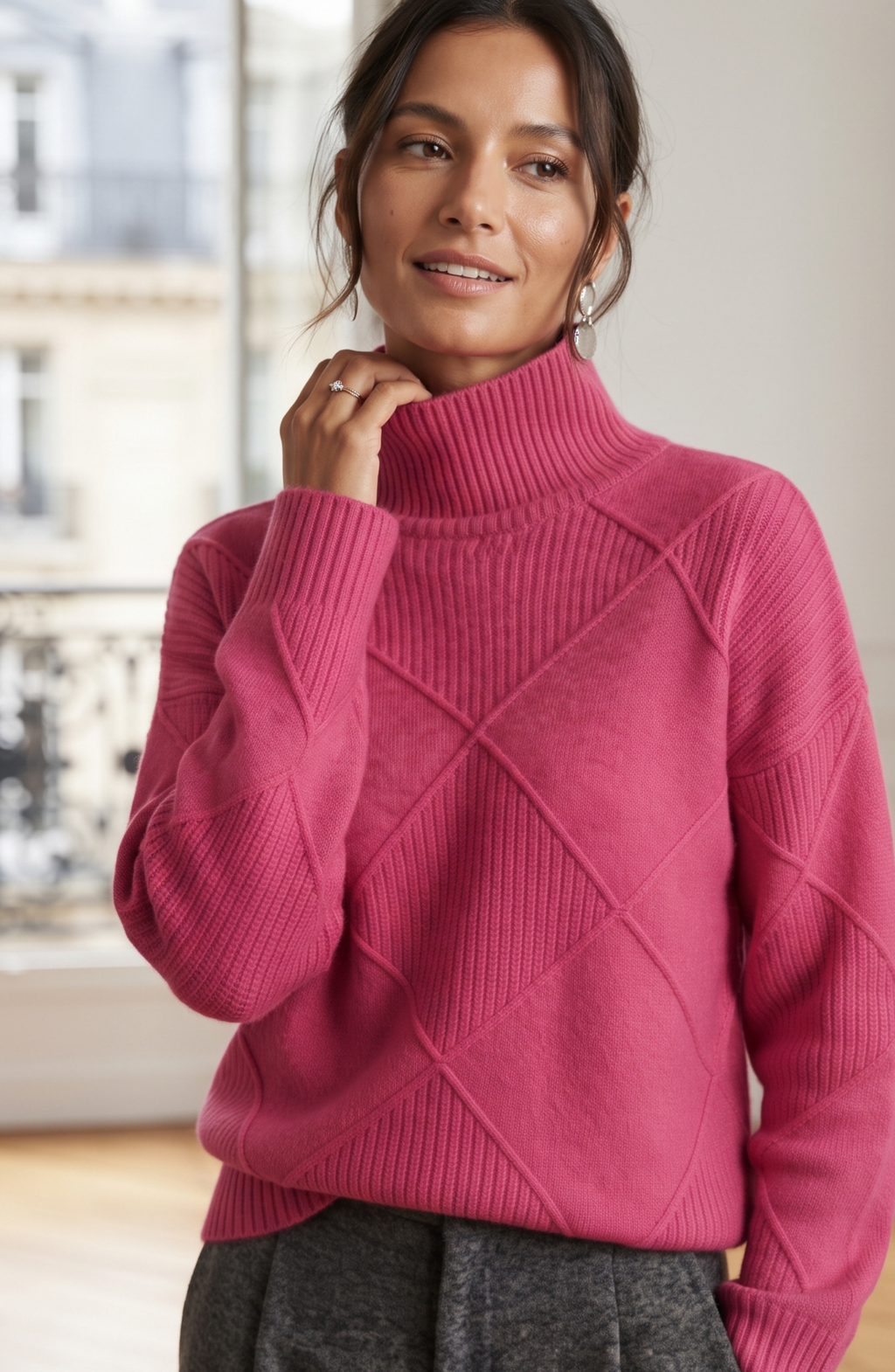 Diamond Geometric Ribbed Turtleneck Sweater - Women's Long Sleeve Fall Pullover