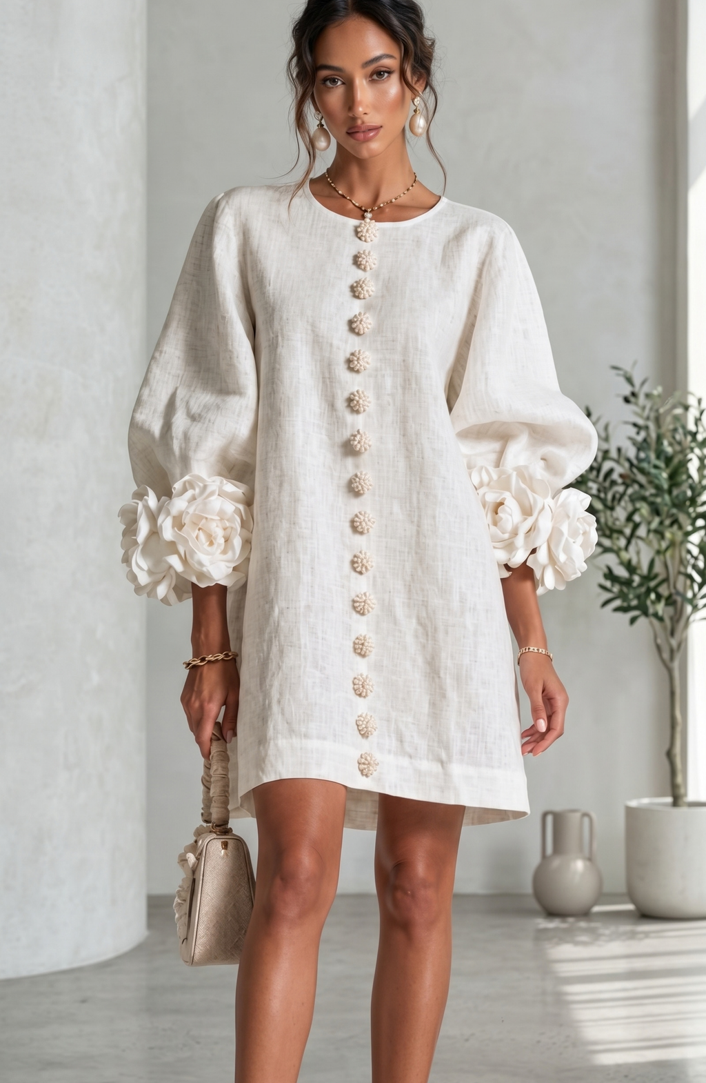 Floral Button Front Mini Dress with Statement Sleeves – Women's Casual Dress