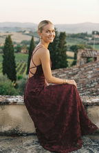 Floral Lace Spaghetti Strap Maxi Dress - Women's Cowl Neck Evening Gown