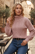 Turtleneck Cable Knit Pullover Sweater - Women's Long Sleeve Fall Jumper