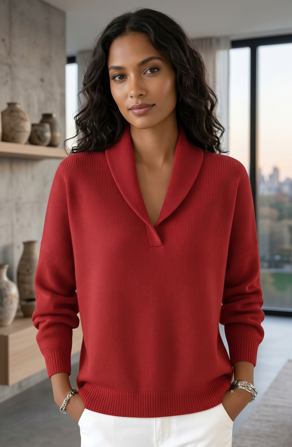 Shawl Collar V-Neck Knit Sweater - Women's Long Sleeve Elegant Pullover