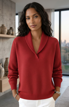 Shawl Collar V-Neck Knit Sweater - Women's Long Sleeve Elegant Pullover