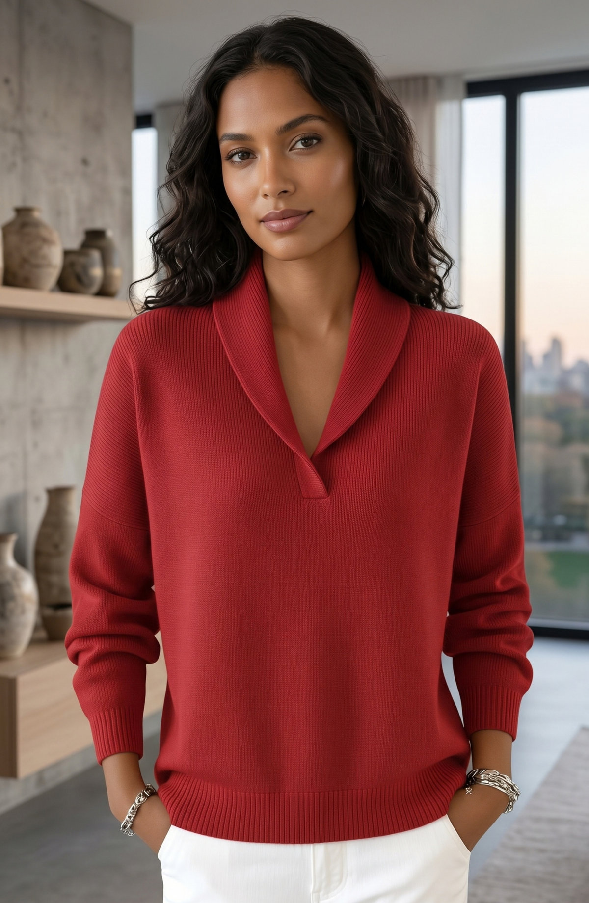 Shawl Collar V-Neck Knit Sweater - Women's Long Sleeve Elegant Pullover