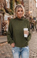 Chunky Waffle Knit Mock Neck Sweater - Women's Long Sleeve Fall Pullover