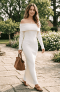 Off-the-Shoulder Long Sleeve Ribbed Knit Maxi Dress - Women's Fitted Sweater Dress