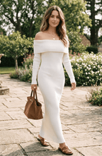 Off-the-Shoulder Long Sleeve Ribbed Knit Maxi Dress - Women's Fitted Sweater Dress