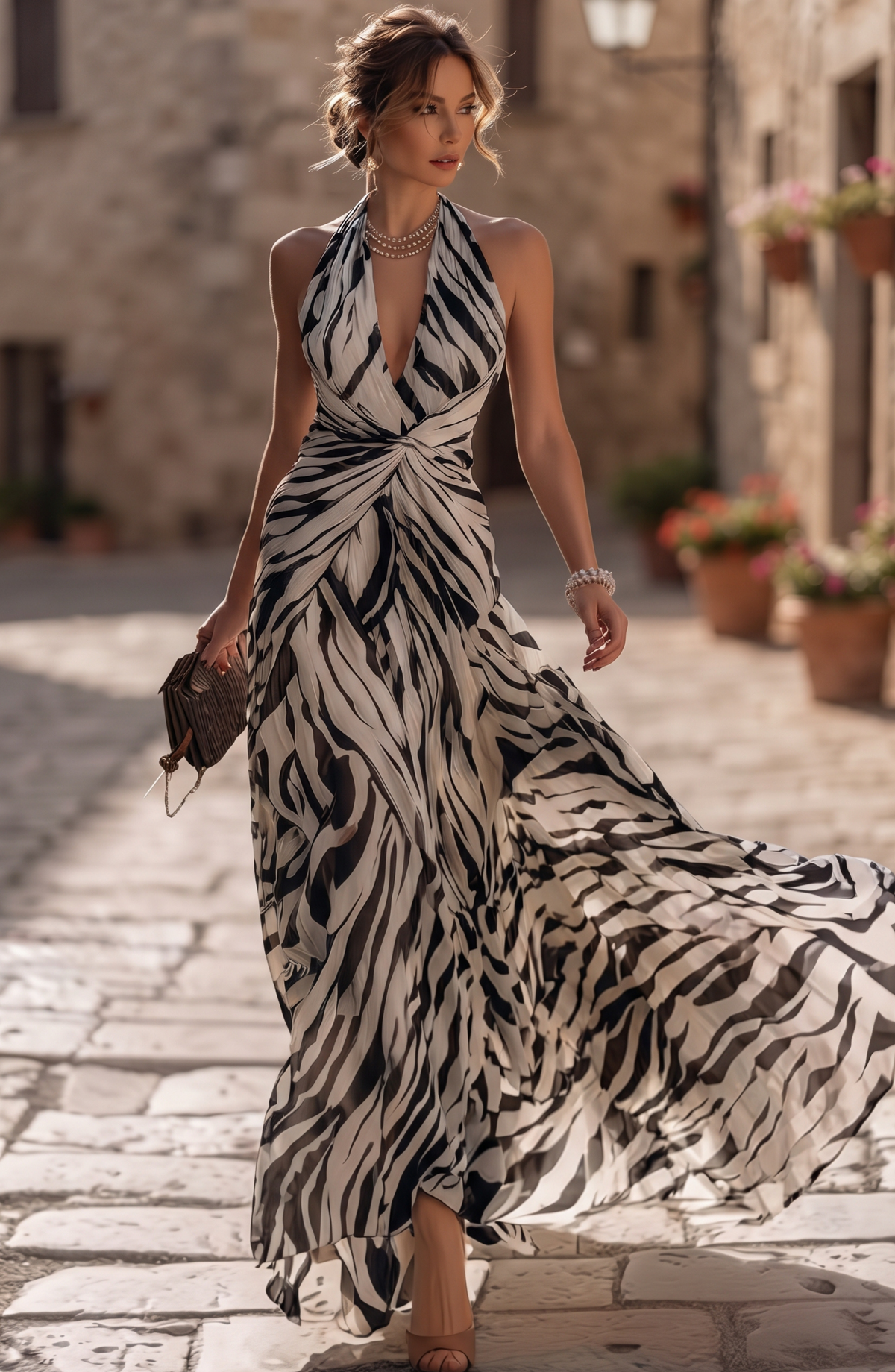 Plunging Halter Neck Printed Maxi Dress - Women's Twist Waist Resort Evening Gown