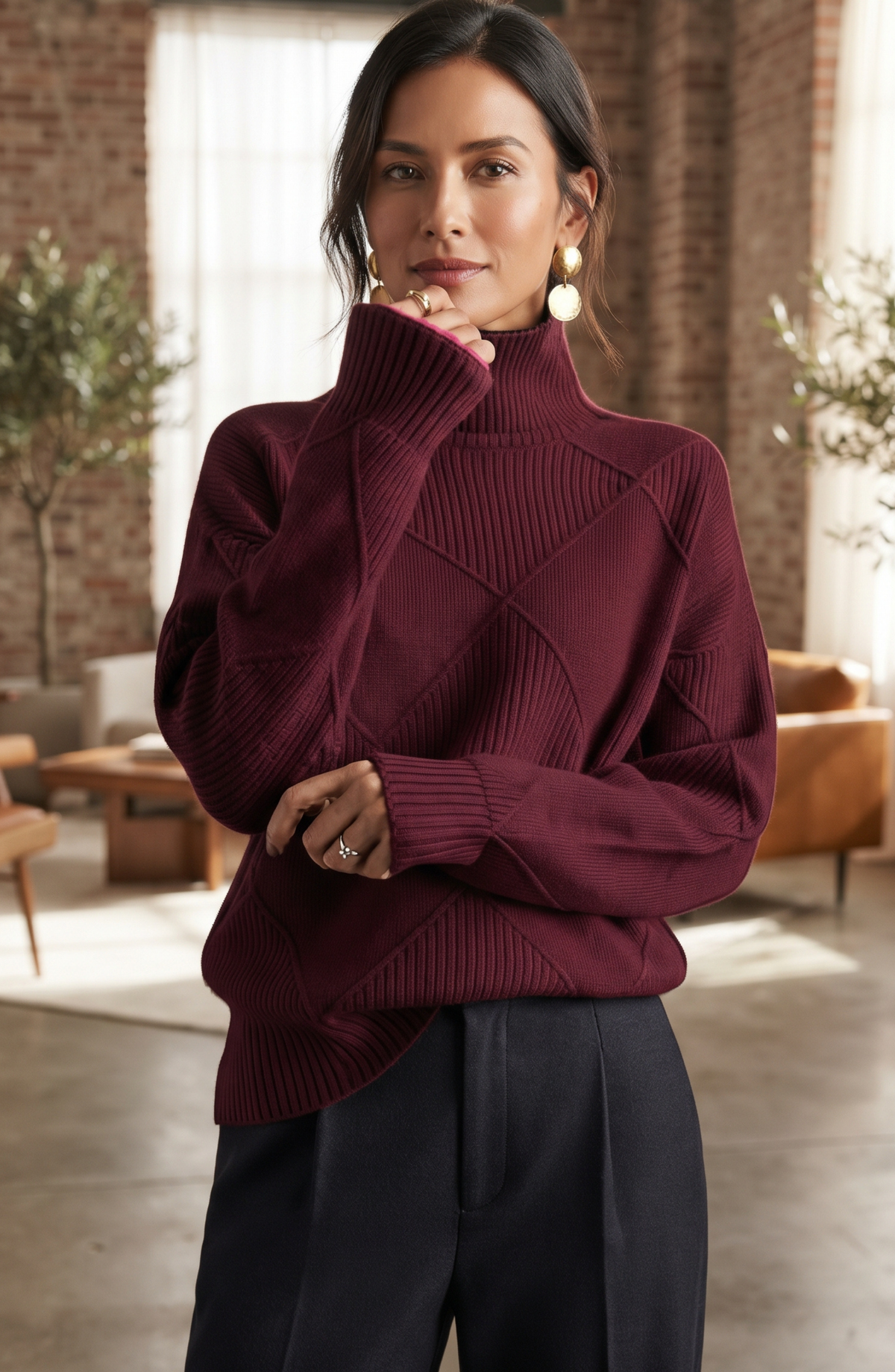 Diamond Geometric Ribbed Turtleneck Sweater - Women's Long Sleeve Fall Pullover
