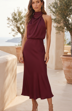 High Halter Neck Draped Satin Midi Dress - Women's Sleeveless Cocktail Party Dress