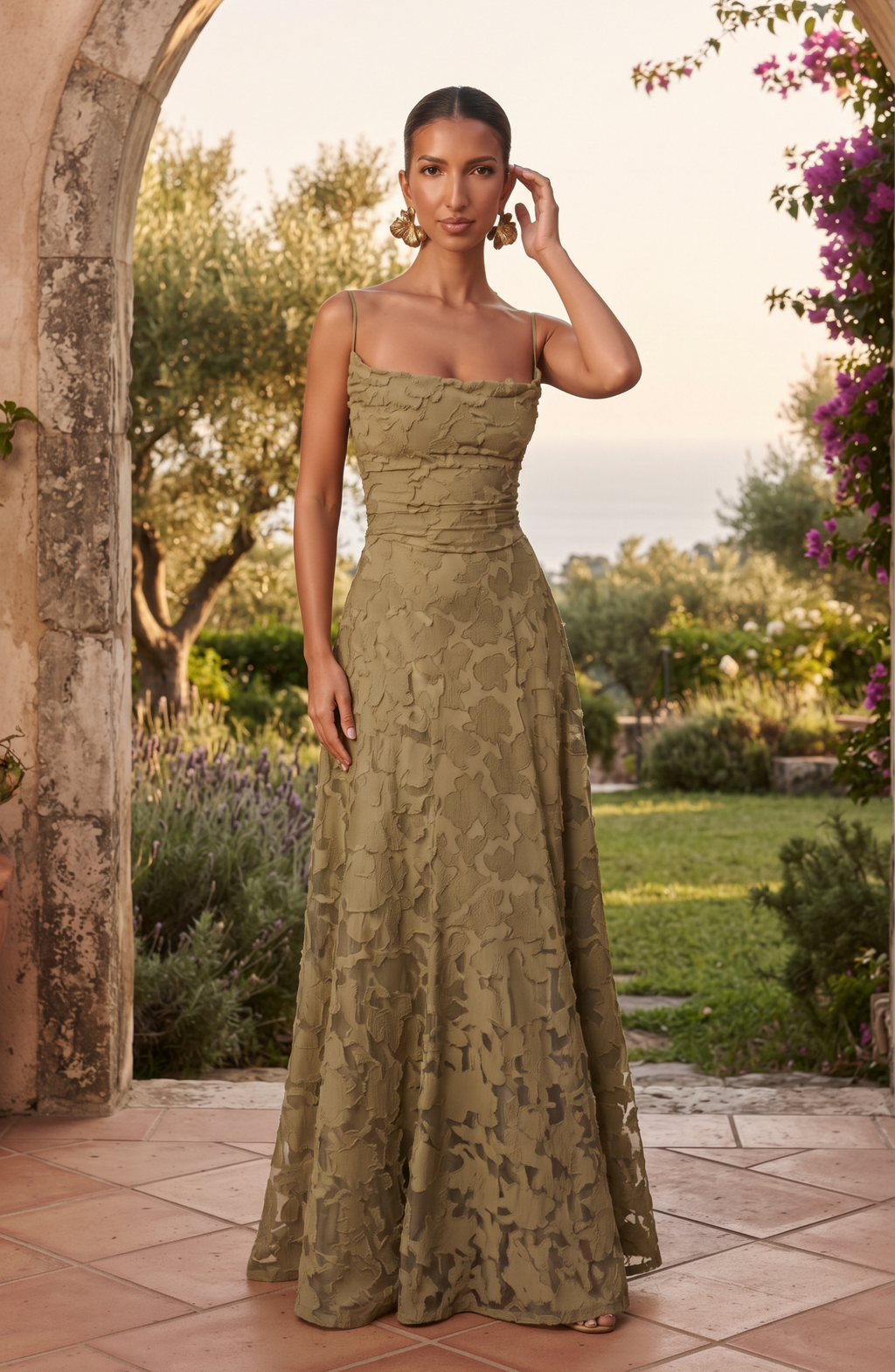 Floral Lace Spaghetti Strap Maxi Dress - Women's Cowl Neck Evening Gown