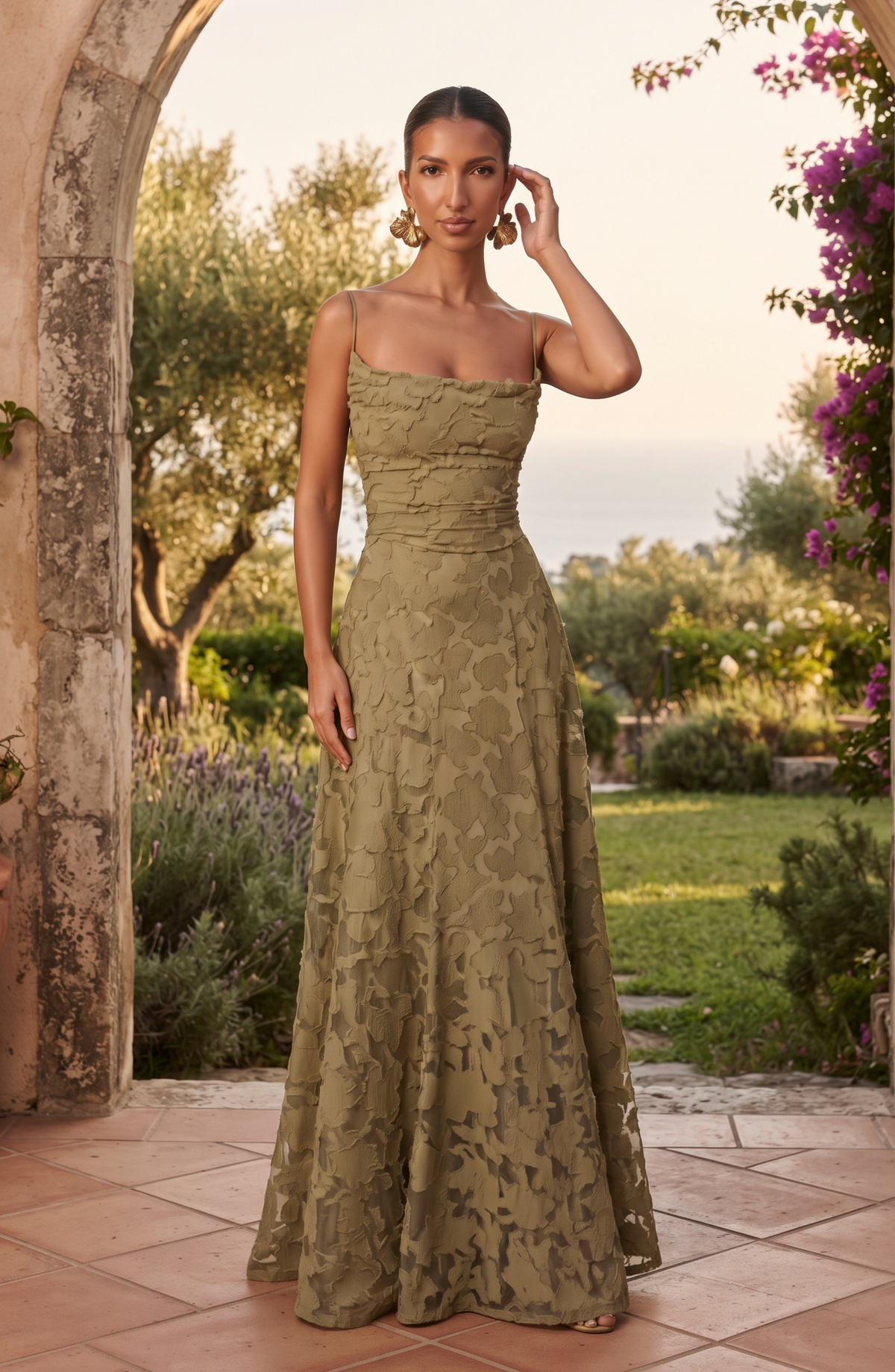 Floral Lace Spaghetti Strap Maxi Dress - Women's Cowl Neck Evening Gown