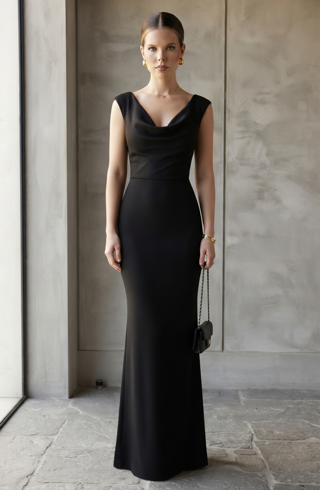 Cowl Neck Backless Maxi Evening Gown - Women's Open Back Bow Detail Formal Dress