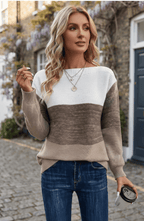 Color Block Ribbed Knit Boat Neck Sweater - Women's Long Sleeve Fall Pullover
