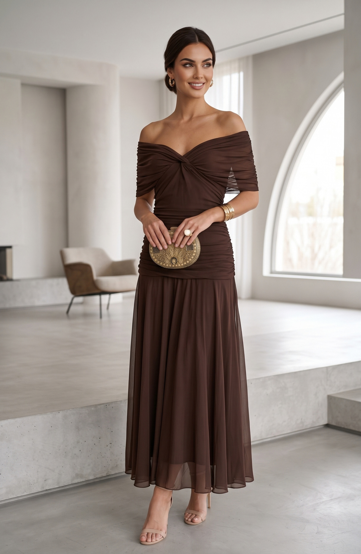 Ruched V-Neck Chiffon Midi Evening Dress - Women's Flutter Sleeve Formal Wedding Guest Gown