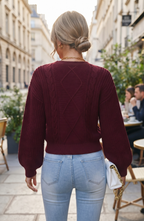 Diamond Pattern Knit Crewneck Sweater - Women's Lantern Sleeve Fall Pullover